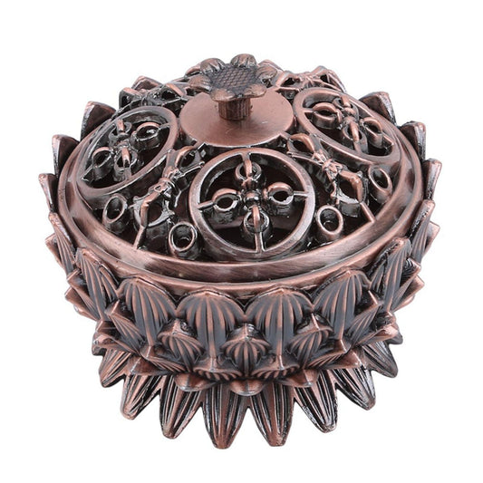 Brown lotus incense burner with carved outer petals and circular metal filigree.