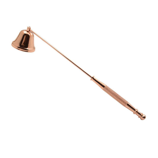 Rose gold bell candle snuffer with long handle and textured grip