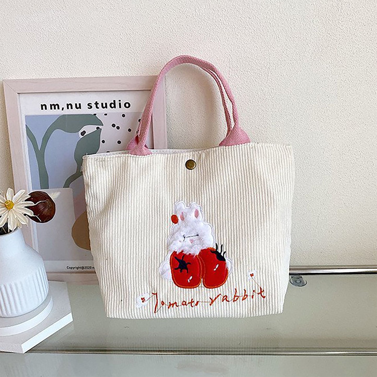 Cute Handbag Snap Button Closure Thickened Cute Pattern Fashionable Small Tote Bag for Shopping Commuting Strawberry