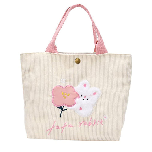 Cream corduroy small tote bag with pink handles, snap button, bunny and flower applique