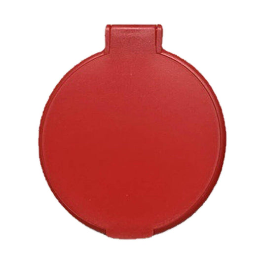 Red circular folding compact cosmetic mirror, plastic case with top tab