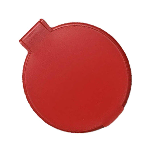 Red circular folding cosmetic mirror, plastic case with side notch tab