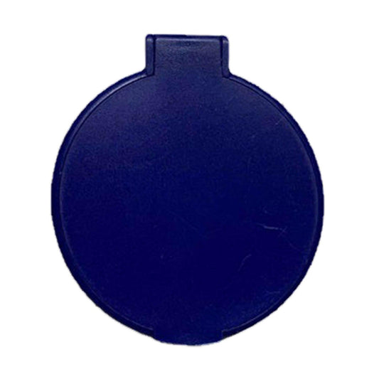 Blue folding circular pocket mirror with small top tab, single-sided plastic back