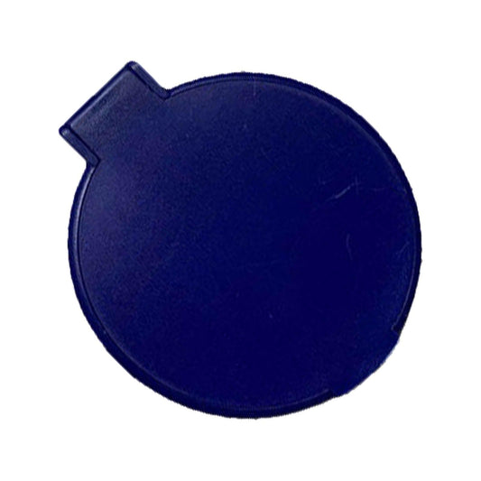 Blue folding circular pocket mirror with side notch on plastic cover