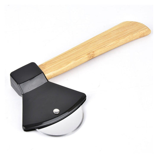 Pizza cutter with black lever and stainless wheel, bamboo handle