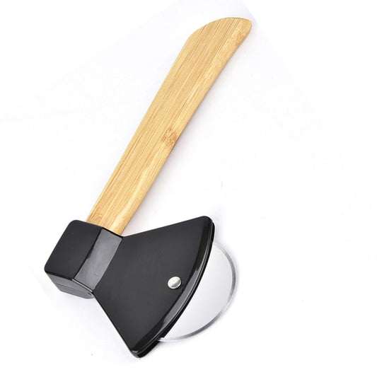 Pizza cutter with long bamboo handle, black lever, and stainless cutting wheel