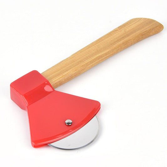 Red pizza cutter with round steel wheel and bamboo handle, ergonomic style