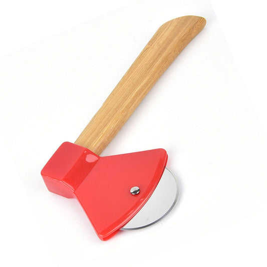 Red pizza cutter head with round steel wheel and long bamboo handle