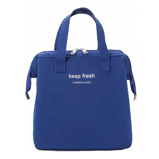Blue insulated lunch bag with front pocket and top carry handles