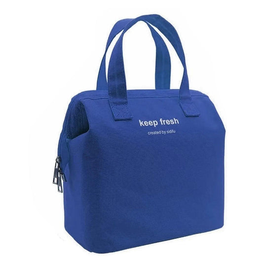 Blue insulated lunch bag with side zipper and top carry handles