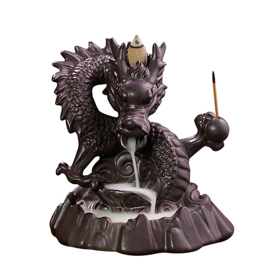 Ceramic dragon backflow incense burner with dark finish and incense cone