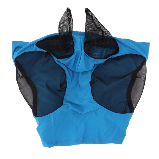 Horse fly mask with mesh ears, blue fabric and black mesh panels