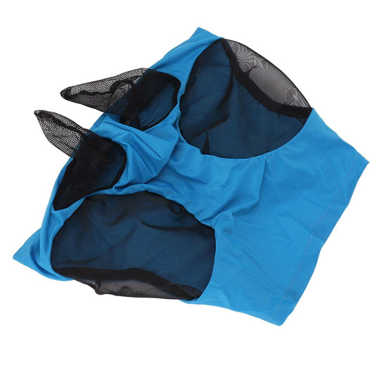 Horse fly mask with ears and mesh face cover, blue with dark inner panels