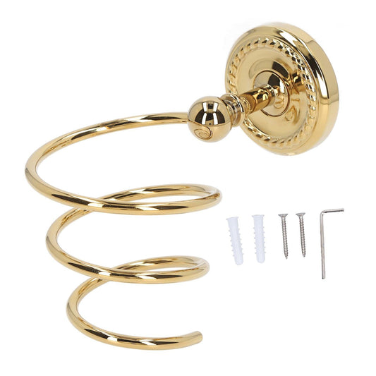 Gold wall-mounted hair dryer holder with spiral cradle, mounting plate, and screws