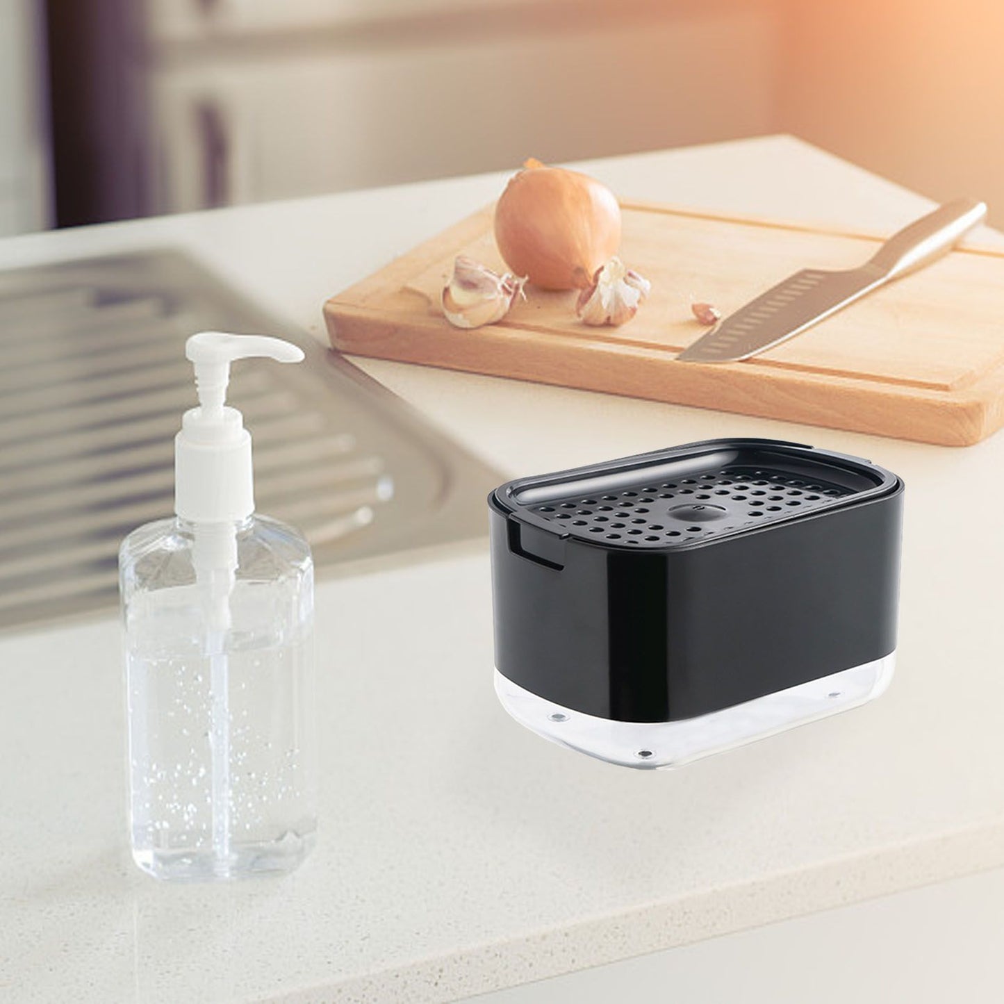 Soap Dispenser with Sponge Holder PP PET Press Type Soap Box for Cloth Dish Kitchen Cleaning Black