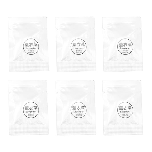 Six lavender fragrance tablet sachets in white pouches with Lavender labels