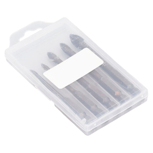 Hex shank drill bit set in clear plastic case with five carbide-tipped bits