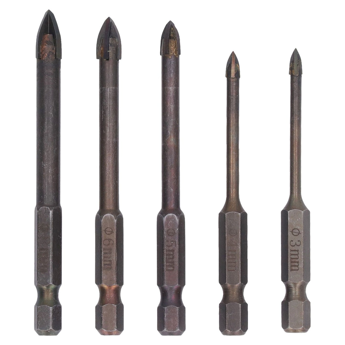 Drill Bit Set Unique Cross Design Cemented Carbide Hex Power Bits for Glass Ceramic Glass Tile Full Tile Brick Wall Wood 5 Piece Set