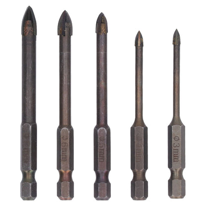 Drill Bit Set Unique Cross Design Cemented Carbide Hex Power Bits for Glass Ceramic Glass Tile Full Tile Brick Wall Wood 5 Piece Set