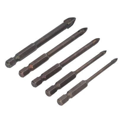 Drill Bit Set Unique Cross Design Cemented Carbide Hex Power Bits for Glass Ceramic Glass Tile Full Tile Brick Wall Wood 5 Piece Set