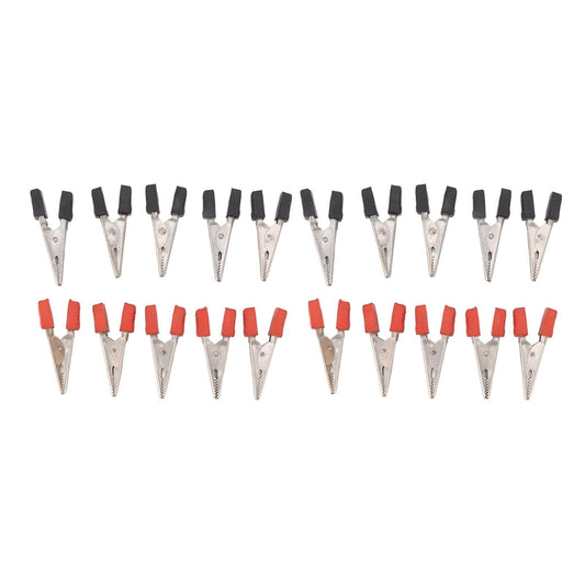 20-pack crocodile test clamps with red and black insulated caps, stainless steel