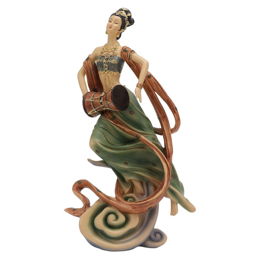 Resin classical women statue holding waist drum, green robe with gold ornament