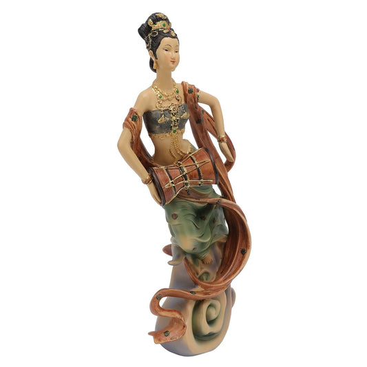 Resin classical women statue with waist drum, green robe and brown ribbon-like sash