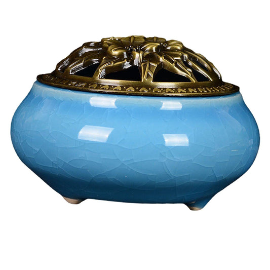 Sky blue ceramic incense burner, cracked texture, with gold dome lid