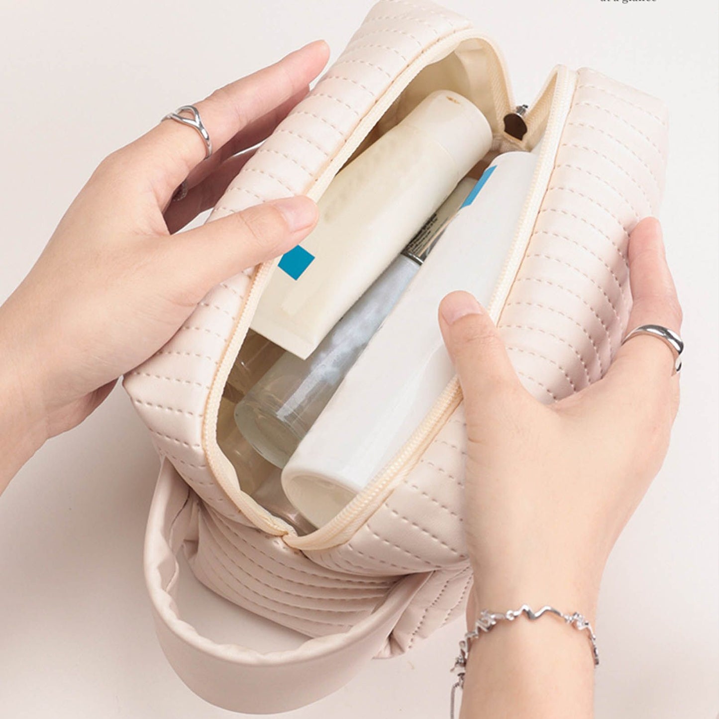 Makeup Cosmetic Bags with Handle Zipper Large Capacity Soft PU Leather Portable Travel Toiletry Bag Beige