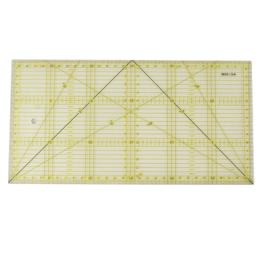 Rectangular quilting ruler with yellow measurement marks and triangular guide lines