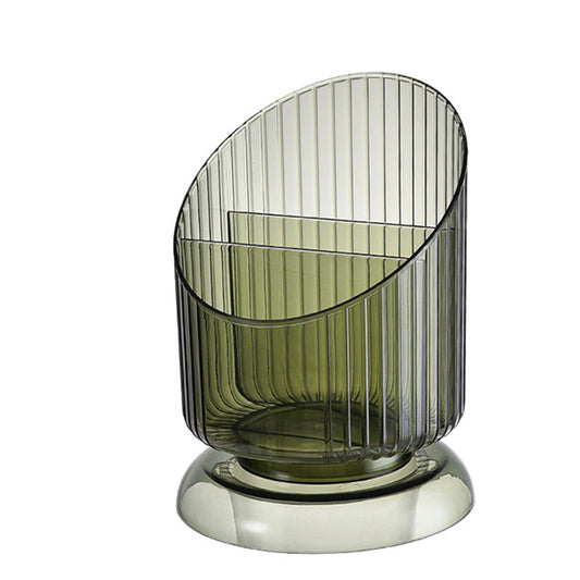 Round transparent green plastic organizer cup with ribbed sides and stable base.