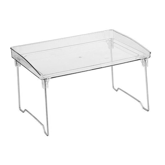 Clear plastic tabletop tray with four support legs and side tabs