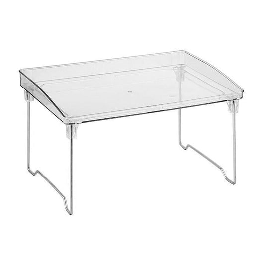 Clear plastic tabletop storage tray with raised edges and metal support legs