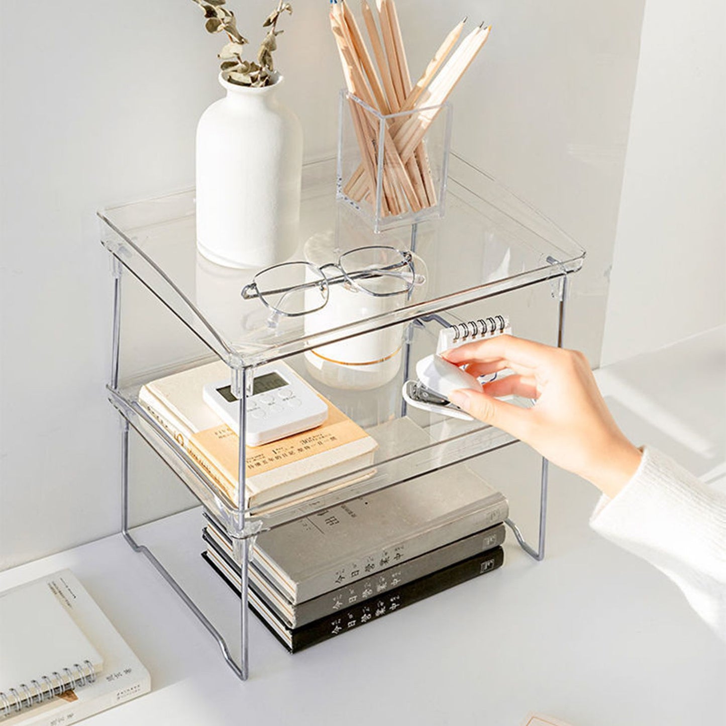 Stackable Clear Organizer Plastic Transparent Tabletop Storage Rack for Makeup Kitchen Tool Stationery One Tier Free Size