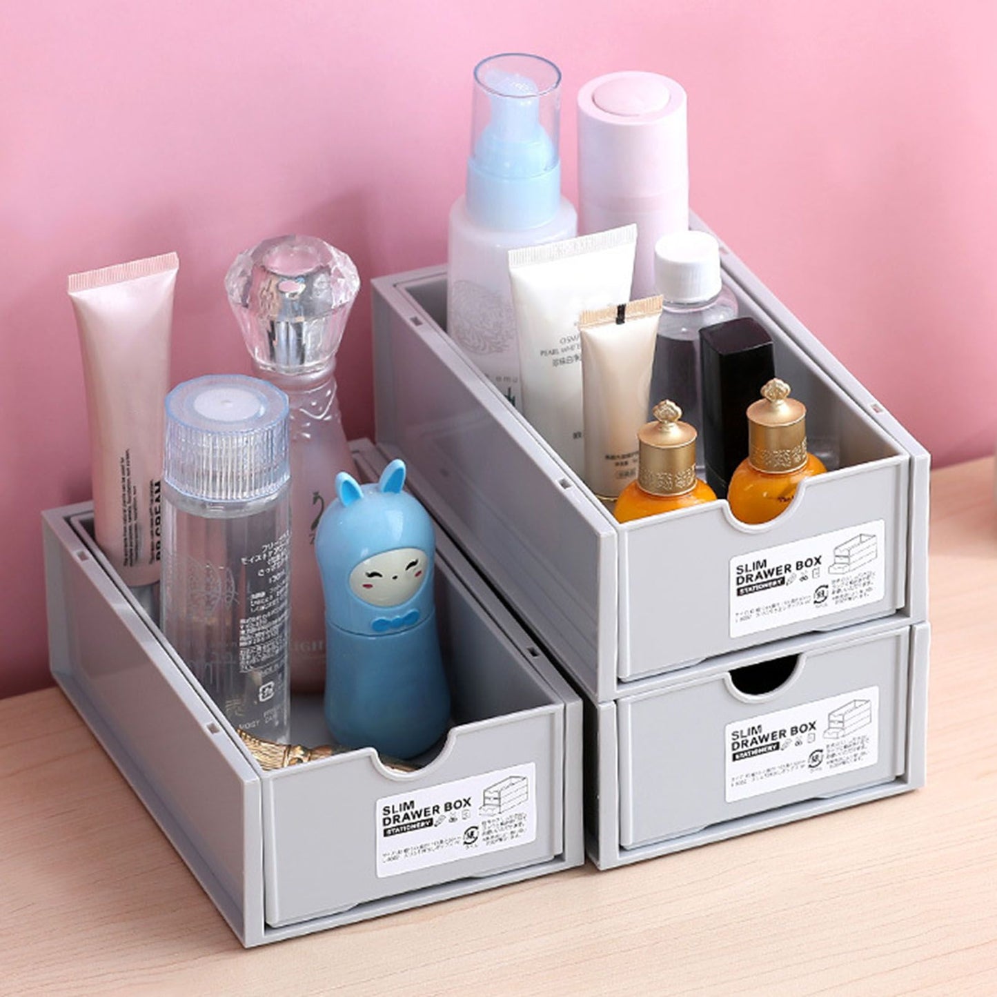 Desktop Storage Box Plastic Desk Makeup Organizer Stationery Supplies Storage Box with Drawer Grey