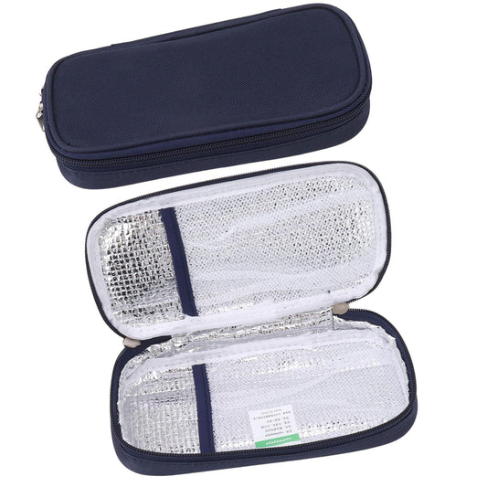 Navy insulin cooler case open, showing white mesh insulated compartments and zip.