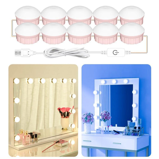 Pink vanity mirror light set with 10 round bulbs and USB cord with dim switch
