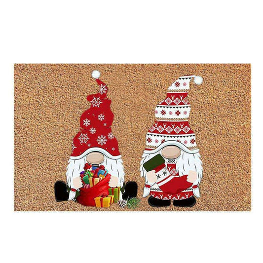 Christmas doormat with two gnome figures on tan textured mat