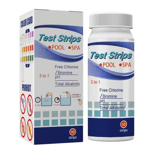 Pool water test strips set with bottle and box for free chlorine, pH, alkalinity