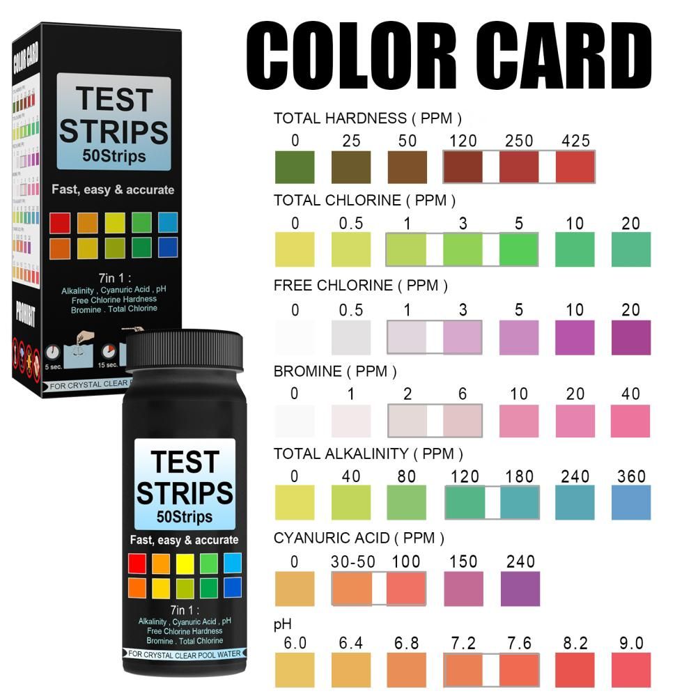 7 in 1 Swimming Pool Water Test Paper 50Pcs Water Quality Strips for Testing PH Chlorine Bromine Acidity Cyanide