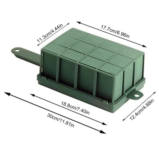Green floral foam cage holder with handle, open grid foam blocks and vented side walls