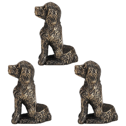 Four dog-shaped flowerpot feet figurines, dark bronze textured, standing and sitting