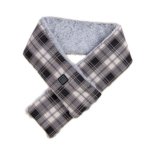 Plush-lined plaid heating scarf, dark gray and black check with light trim