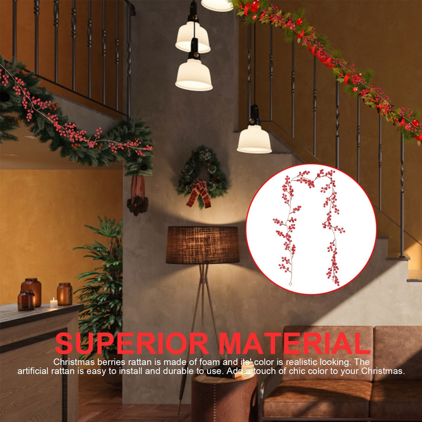 Artificial Berry Rattan with Black Berries Christmas Decoration Rattan for Mantelpiece Stair Handrail
