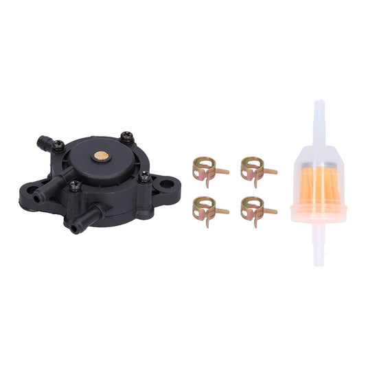 Fuel filter set: black filter unit, plastic fuel filter, and orange cartridge with clips