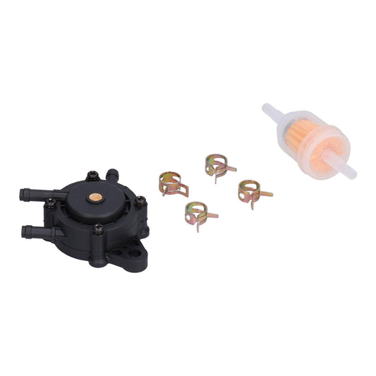 Fuel filter set with black filter unit, orange cartridge, and metal retaining clips