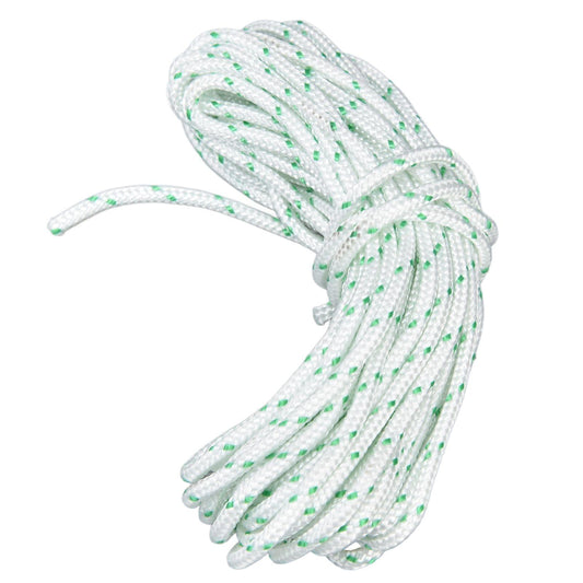 Coiled nylon starter pull cord rope, white with green flecks, loose ends