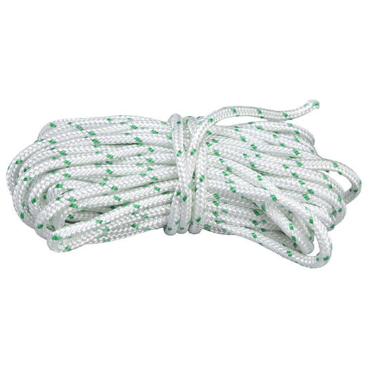 Nylon recoil starter pull cord rope, white with green speckles, coiled bundle