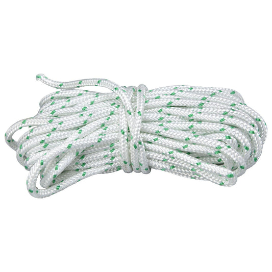 Coiled recoil starter rope pull cord in white nylon with green speckled stripes