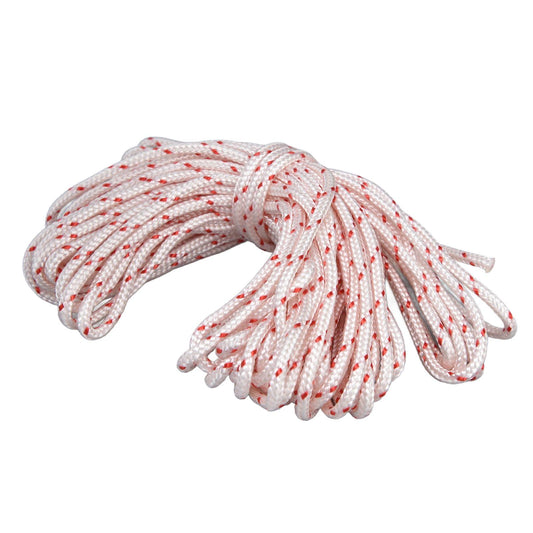 Starter rope pull cord, white with red speckles, bundled coil with loose ends